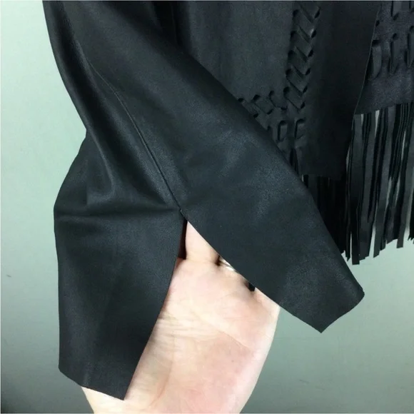 NWT Elizabeth & James Garvin Leather Fringe Woven Open Front Black Jacket Medium